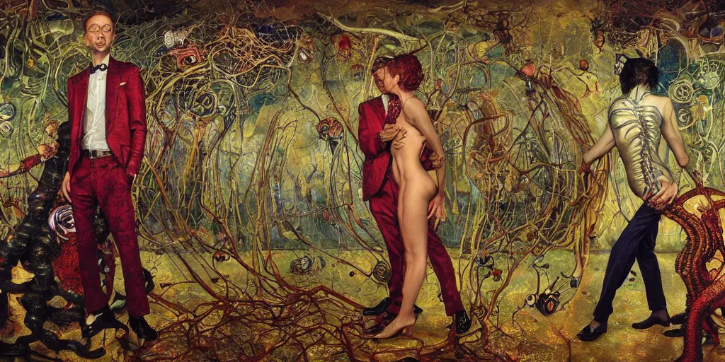 Prompt: two lovers wearing a suit made of nervous system, channeling third eye energy, surrounded by a background of cyber mystic garden of earthly delights, midnight hour, painted part by wojciech siudmak, part by ilya repin, part by norman rockwell, part by zhang jingna, artstation