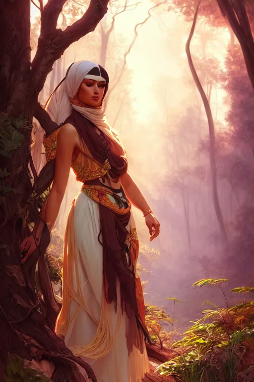 Image similar to beautiful digital painting of a stylish arabian female forest with high detail, 8 k, stunning detail, works by artgerm, greg rutkowski and alphonse mucha, unreal engine 5, 4 k uhd