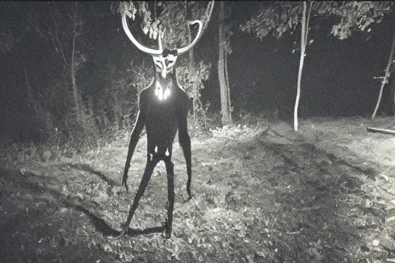 Image similar to low quality trailcam footage of a wendigo in a backyard, at night