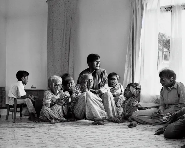 Prompt: A grandma telling stories to kids in an Indian suburban home, Photograph by Andrei Tarkovsky, shot on a large format film camera, 8K