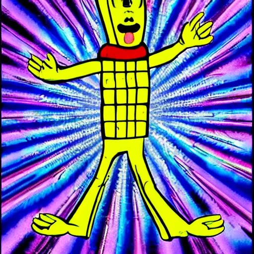 Prompt: zippy the pinhead saying'disco!'while floating in the multiverse of madness, in the style of bill griffith