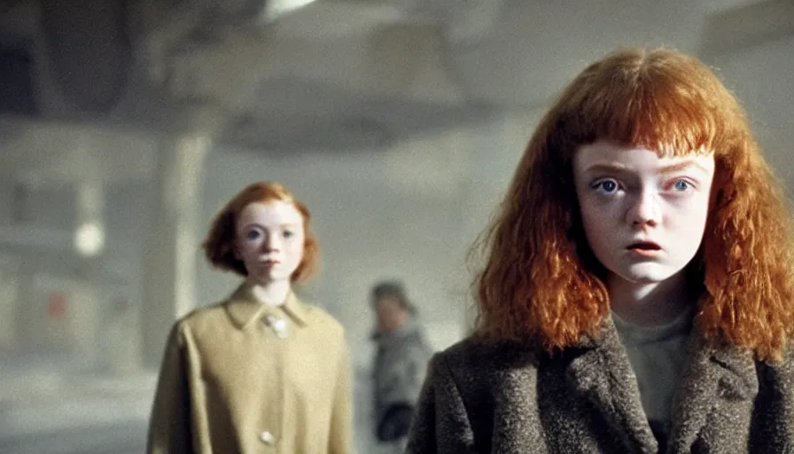 Prompt: sadie sink with trimmed hair in oversized man's coat : a still from a scifi soviet cyberpunk film from 1 9 8 0 s. by steven spielberg, robert zemeckis, francis ford coppola, james cameron. 6 5 mm low grain film stock. sharp focus, realistic facial expression, perfect anatomy, global illumination, radiant light, detailed and intricate environment, trending on artstation