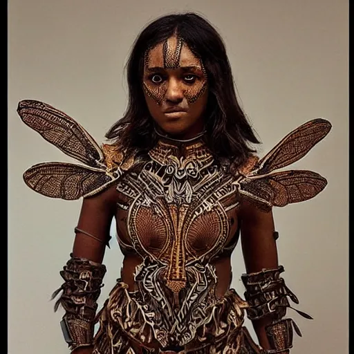 Prompt: “ brown woman wearing a dragonfly armor. intricate. super detailed. award winning. ”