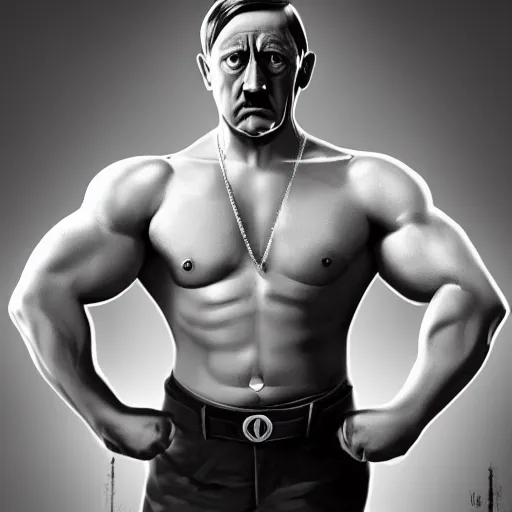 Prompt: Adolf hitler with the physique of a body builder, hyper realistic, ultra detailed, cinematic, dynamic lighting, photorealistic, refined, intricate, digital art, digital painting, masterpiece, 8k