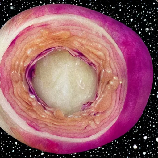 Image similar to the universe evolving causally depicted as layers on an onion, highly detailed