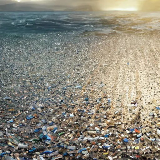 Image similar to tsunami of plastic bottles crashing on a beach, dim volumetric lighting, 8 k octane beautifully detailed render, post - processing, extremely hyper - detailed, intricate, epic composition, giant bananas natural disaster, cinematic lighting, masterpiece, trending on artstation, detailed detailed detailed, masterpiece, stunning art by anders zorn, wonderful masterpiece by greg rutkowski, beautiful cinematic light