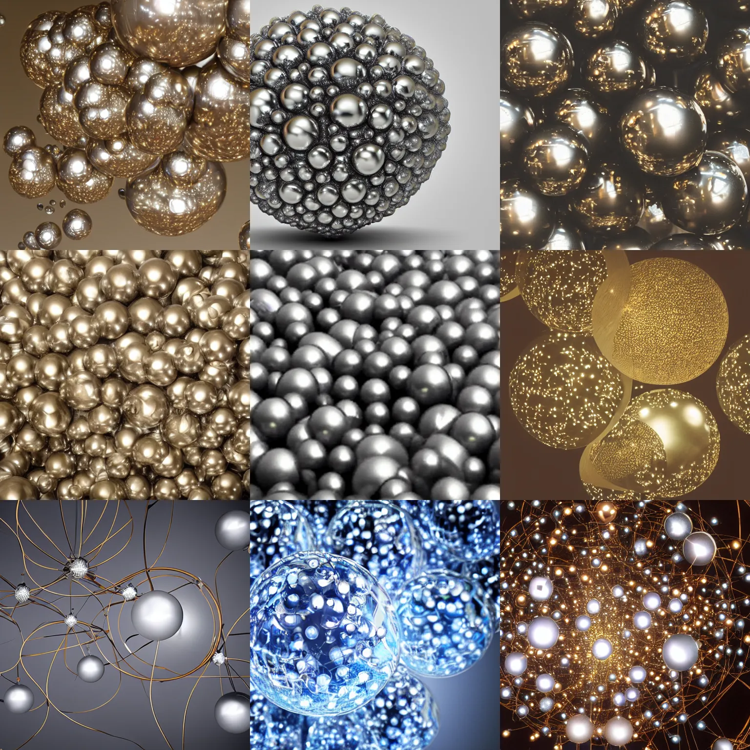 Prompt: cluster of metallic spheres, arcing between spheres