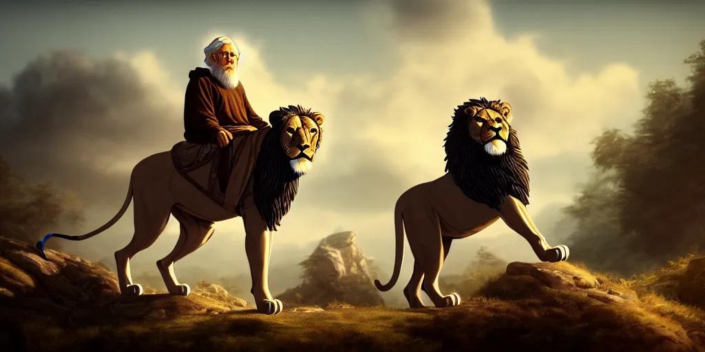 Image similar to hooded wise old man ( long white beard wearing a brown tunic ), riding majestically, on a beautiful lions back, epic digital art, cinematic, trending on artstation, superb detail 8 k, wide - angle, masterpiece