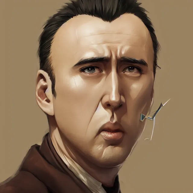 Image similar to anime portrait of bald nicolas cage neutral expression face straight on headshot even lighting no hair by stanley artgerm lau, wlop, rossdraws, james jean, andrei riabovitchev, marc simonetti, and sakimichan, trending on artstation