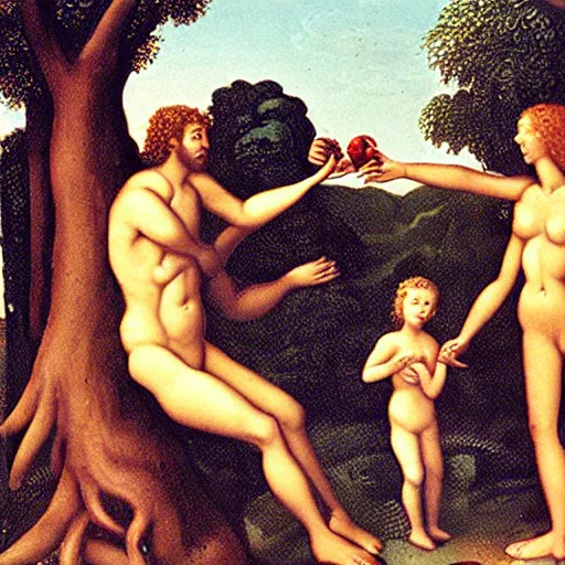 Prompt: the Adam convincing eve to eat the apple