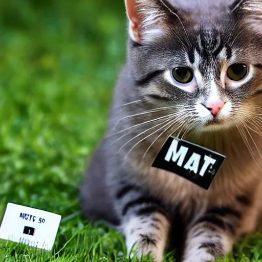 Image similar to a cute cat with a name tag that says Mat