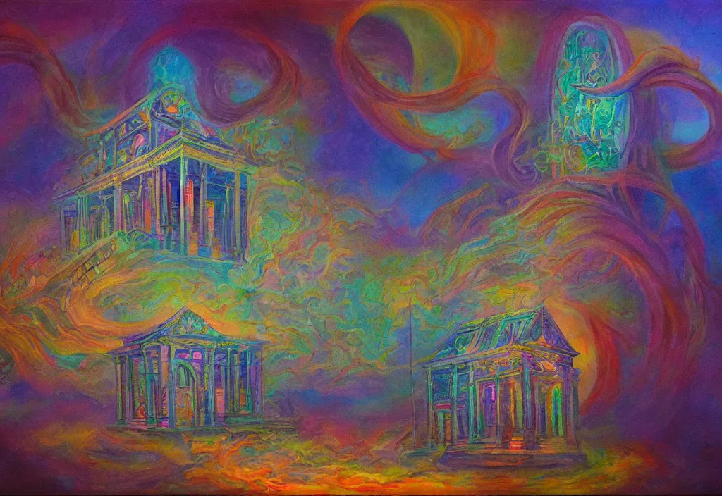 Image similar to iridescent temple of sleep deva architecture dreamer mythos phantasms, award winning oil painting, polychromatic spectrum