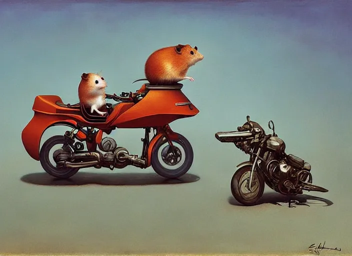 Prompt: a cute hamster riding a motorcycle, Edward Hopper and James Gilleard, Zdzislaw Beksinski, Mark Ryden, Wolfgang Lettl highly detailed