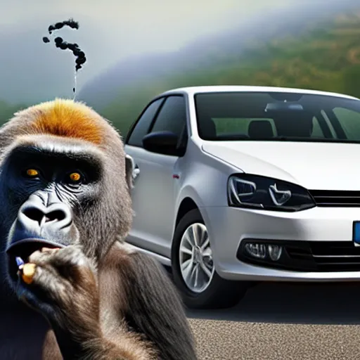 Image similar to angry gorilla smoking in front of a volkswagen polo, hyperrealistic, 4 k