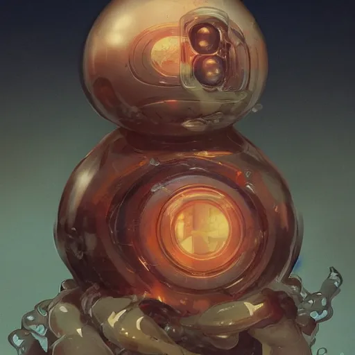 Image similar to transparent goo with a mouth and eyes, it have round burning bomb inside, highly detailed, digital painting, artstation, concept art, matte, sharp focus, illustration, art by Artgerm and Greg Rutkowski and Alphonse Mucha