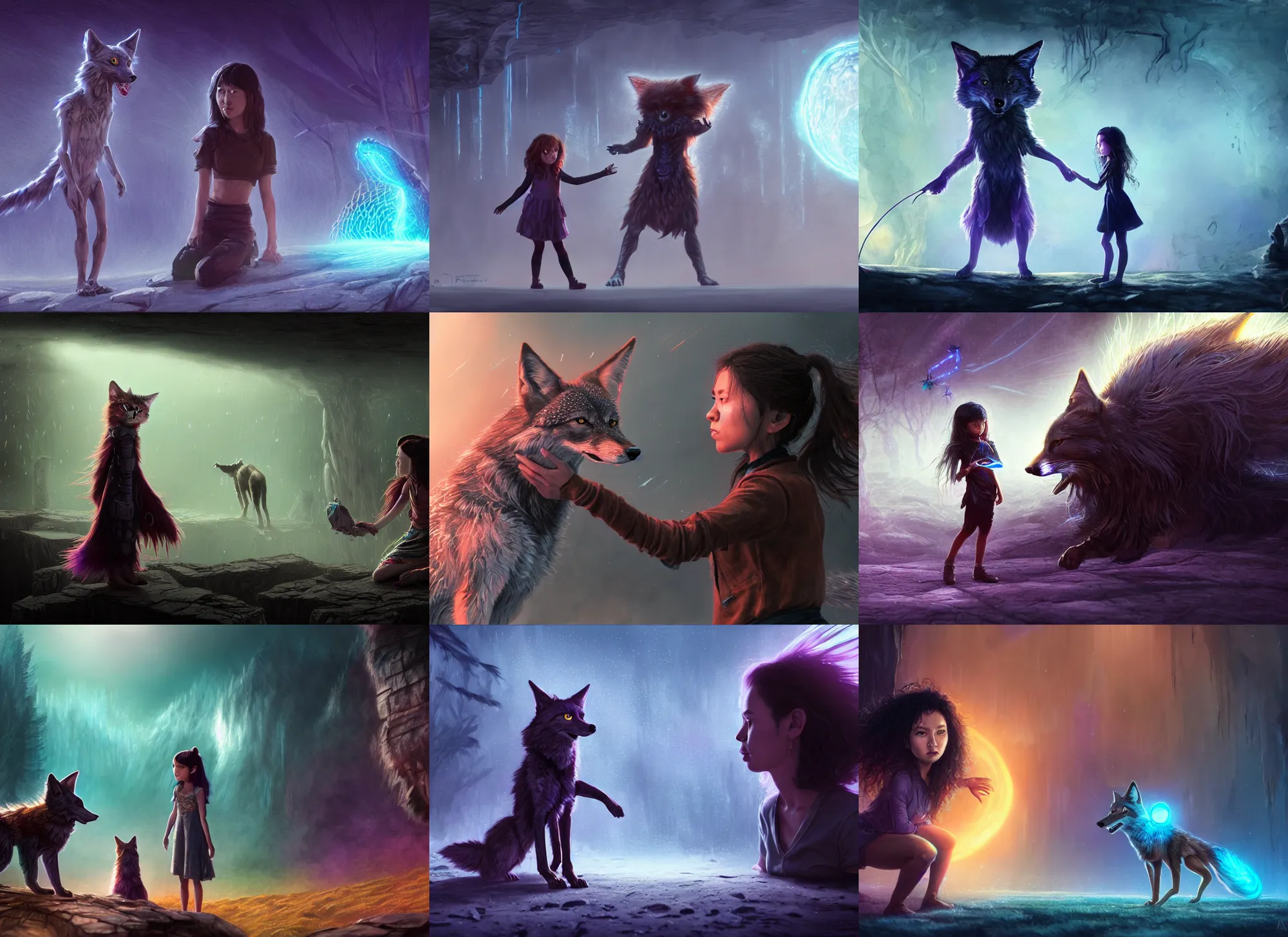 Prompt: a magical quantum coyote warns an innocent black haired girl of apocalyse. cinematic, intricate and highly detailed, colored drawing, artstation, carles dalmau, minna sundberg, xiaofan zhang, nettie wakefield, monica langlois, tom richmond, matte sharp painting