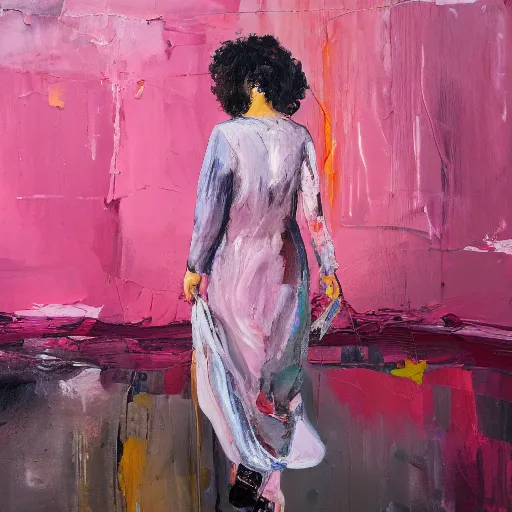 Image similar to _ in _ these _ paintings _ we _ see _ a _ woman _ walking _ in _ circles in a busy void space, 4 k, in the style of ben quilty, hyper realism, minimal pink palette, medium shot, oil paint with thick brushstrokes of paint, impasto, rough textured, detailed,