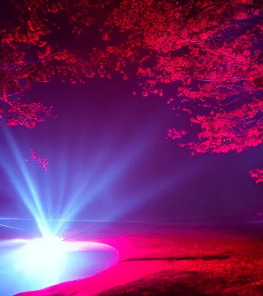 Image similar to photography at night of a red ethereal pond, a central sunlight glare, mystical lights, cyber futuristic lights in the sky, masterpiece, epic, cinematic, hyperealistic photo, high detailed, flashlight at night