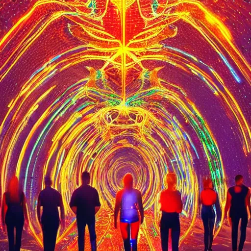 Image similar to diverse groups of humans with glowing electronic body implants projecting amazing images collectively, from behind, rebirth, beauty, wide angle, elaborate, wet, highly detailed, colors, beautiful lighting