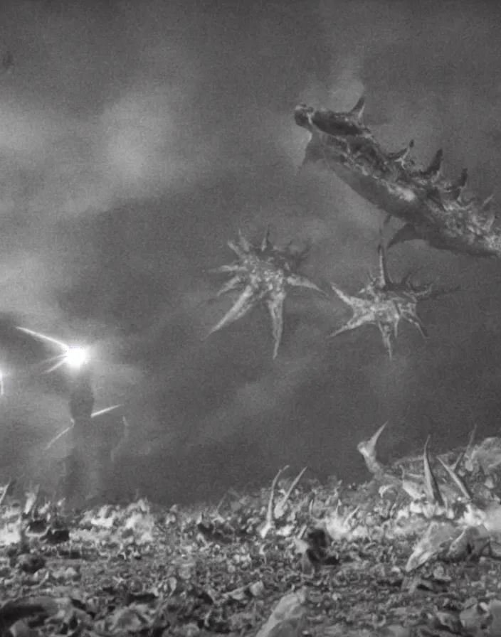 Image similar to a filmstill of a north korean monster movie, kaiju - eiga monster starfish - like trampling a traditional korean palace, foggy, film noir, epic battle, etheral, explosions, communist starfish, thriller, by wachowskis and robert eggers, video compression