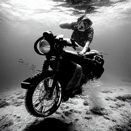 Image similar to Underwater photo of a motorcycle by Trent Parke, clean, detailed, Magnum photos