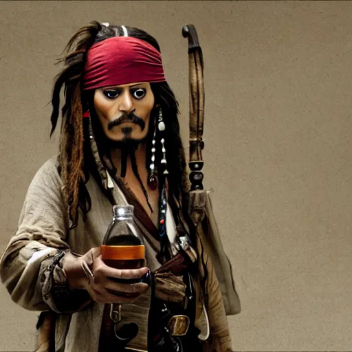 Prompt: Jack Sparrow on trial, holding a jar of brown blobs in hand