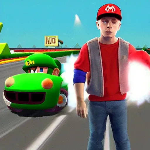 Image similar to video game screenshot of eminem in mario kart