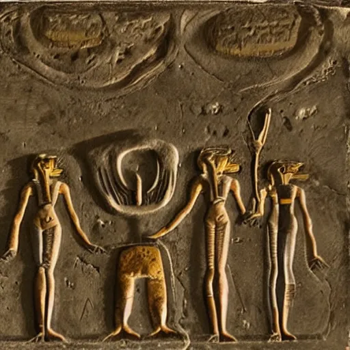 Prompt: aliens interacting with ancient egyptians, photorealistic, sharp focus
