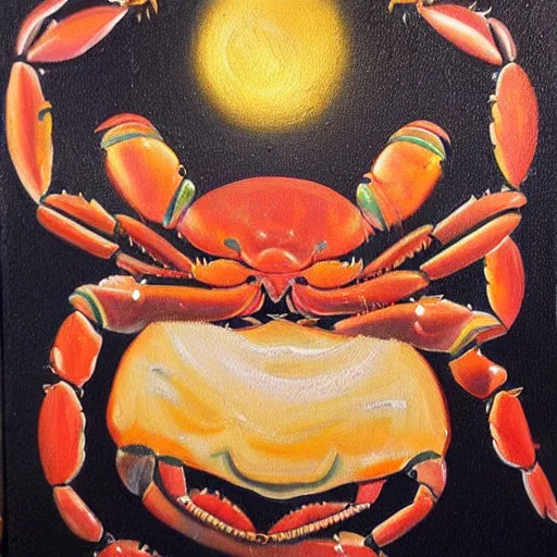 Prompt: A oil painting of an ancient crab deity devouring souls, dark, gruesome, mysterious frightening