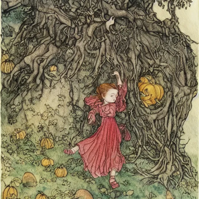 Image similar to a detailed, intricate watercolor and ink illustration with fine lines, of a young girl in a dress climbing a gnarled tree in a pumpkin patch, by arthur rackham and edmund dulac