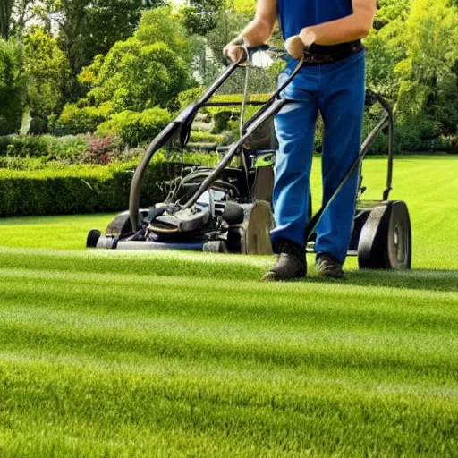 Image similar to a stock photo of a man mowing his lawn, 4 k, detailed face