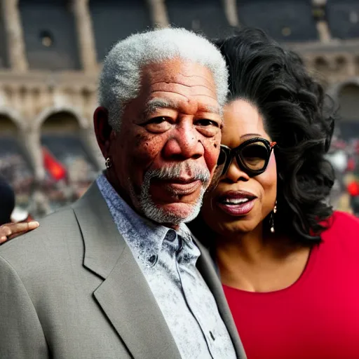 Image similar to photo of morgan freeman and oprah winfrey hugging on the background of the colesseum in rome, 5 0 mm, beautiful photo