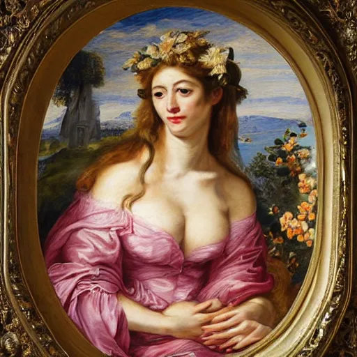 Image similar to an ultradetailed mythological oil painting of a beautiful woman with long brown hair, full body, wearing pink floral gown, lying asleep inside a giant scallop shell, near the seashore, intricate lines, elegant, renaissance style, by peter paul rubens