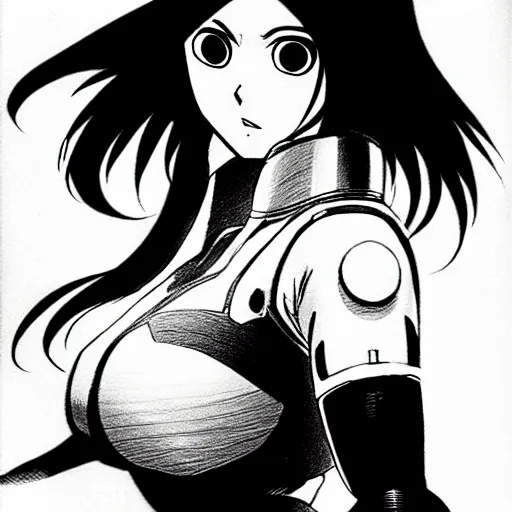 Image similar to alita by yukito kishiro. medium shot. black and white manga. pencil drawing.