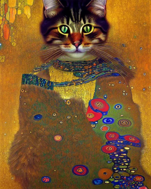 Prompt: forest cat portrait an oil painting splashes with many colors and shapes by gustav klimt greg rutkowski and alphonse mucha, polycount, generative art, psychedelic, fractalism, glitch art