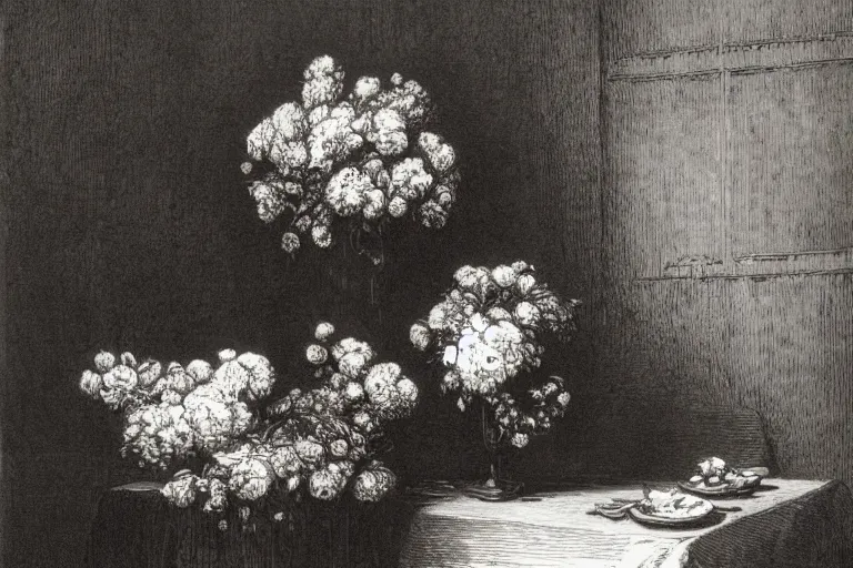 Image similar to black and white, flower bouquet at table in the dinner room, soft light, Gustave Dore lithography