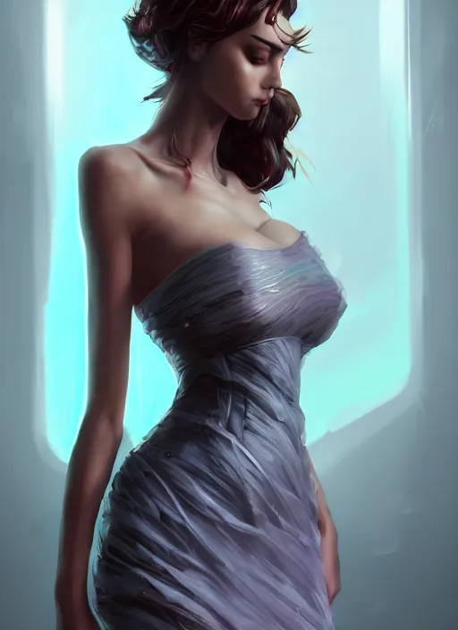 Image similar to beautiful fashion goddness, strapless dress, character portrait in the style of thomas river and artgerm, wlop, cinematic lighting, hyperdetailed, 8 k realistic, symmetrical, global illumination, radiant light, halo, love and mercy, frostbite 3 engine, cryengine, dof, trending on artstation, digital art, chanel