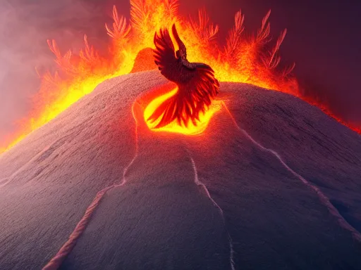 Prompt: a fiery phoenix hatching from an erupting volcano, octane render, epic lighting, hyperrealistic, cinematic, digital painting