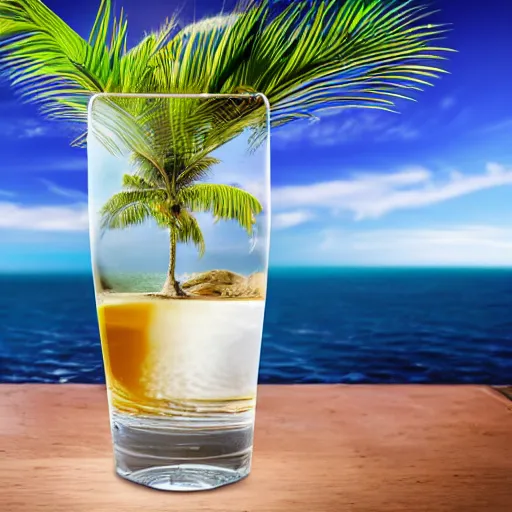 Prompt: close up still photo of an ocean in an erlenmeyer flaskw with a small island and a single palm tree and a man fishing