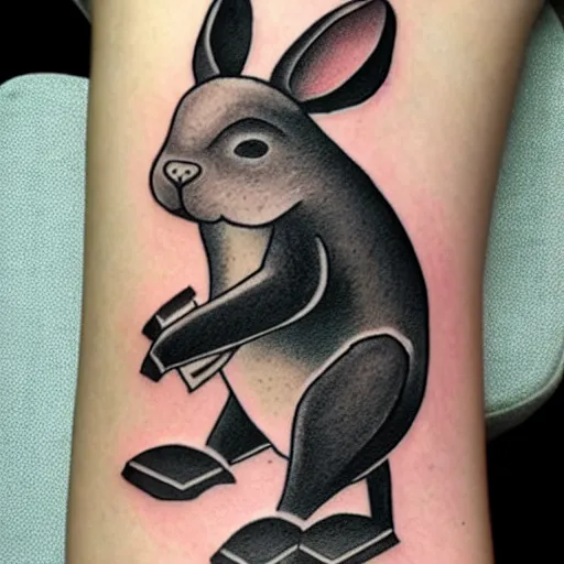 Image similar to Rabbit holding gun in his paws, riding on a killer whale style of traditional American tattoo by Sailor Jerry