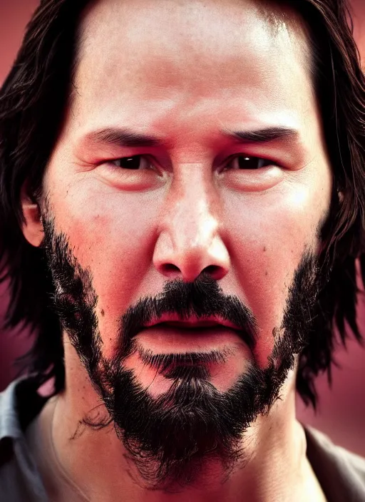 Image similar to close - up keanu reeves as a jedi master, perfect symmetrical face, a red sand desert, moody lighting, 8 k, shallow depth of field, intricate detail,