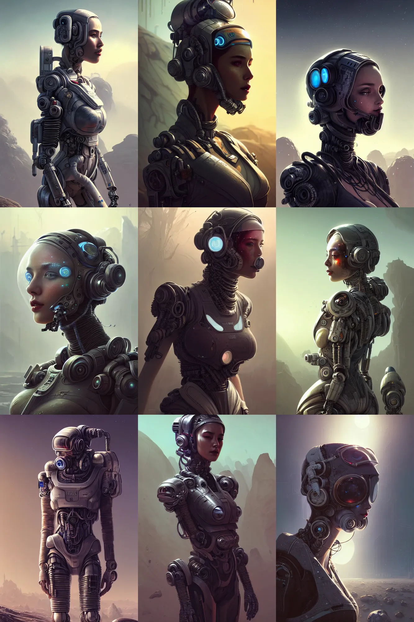 Prompt: ultra realistic style illustration, beautiful alluring nasa cyborg in an apocalyptic wasteland, gorgeous face, cyberpunk, sci - fi, fantasy, intricate, elegant, highly detailed, digital painting, artstation, concept art, smooth, sharp focus, illustration, art by mansik yang and rashed alakroka and simon stalenhag and wlop