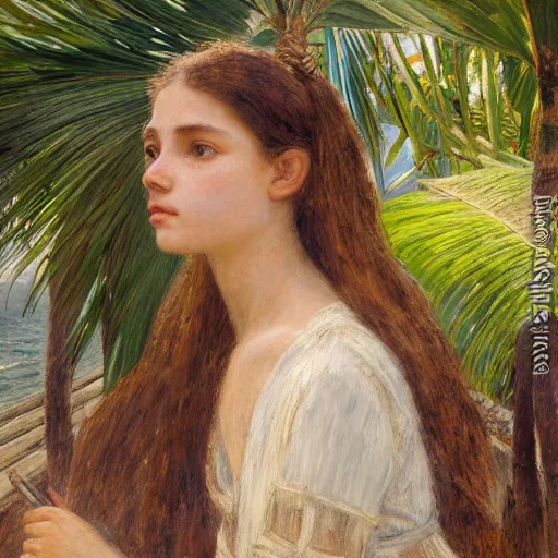 Image similar to a ultradetailed beautiful painting of a girl in the amazonas palace balustrade designed by jules bastien - lepage, tarsila do amaral, frank weston and gustave baumann, beach, trending on artstation, mediterranean, palm trees, hyper detailed face, sharp focus, soft light, 8 k 4 k