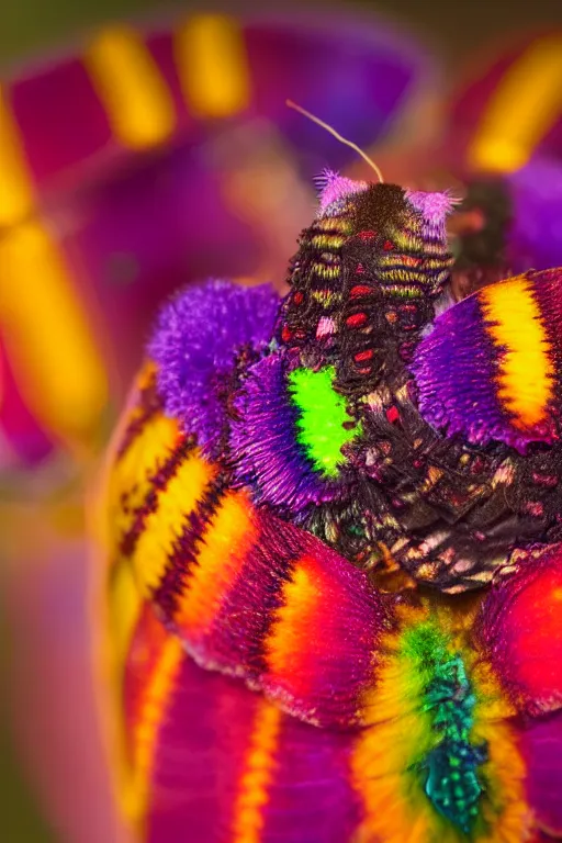 Prompt: high quality macro photo multicolored puss moth caterpillar! gorgeous highly detailed hannah yata elson peter cinematic lighting high quality low angle hd 8k sharp shallow depth of field