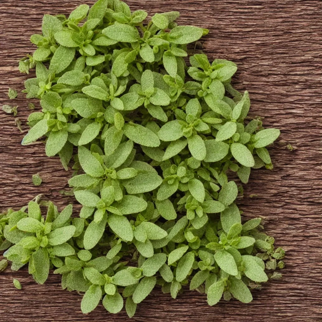 Prompt: close - up view of oregano on top of a wooden table, 8 k, high detail, photorealistic, proper shading