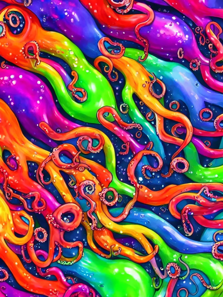 Prompt: colorful liquid octopus tentacles, hyper detailed painting, particles, bubbles, stong outline