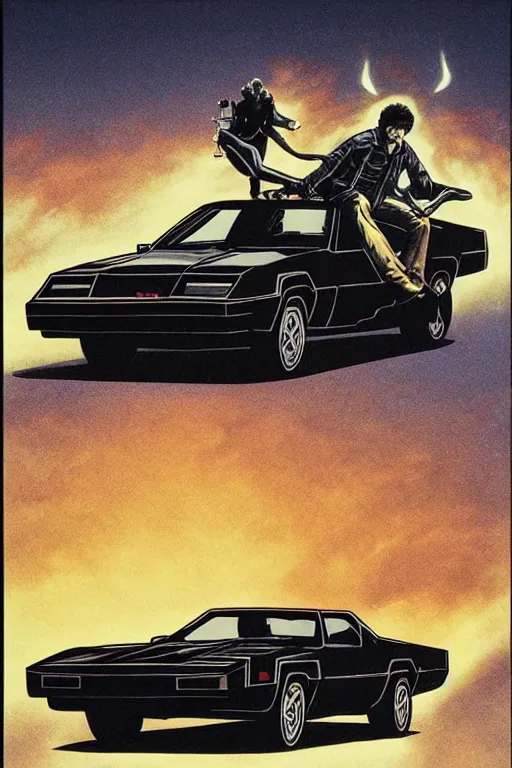 Prompt: Michael Knight driving Kitt from Knight Rider (1982) movie poster, 2D matte illustration, Beksinkski, Moebius, Frank Frazetta