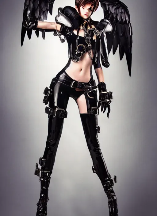 Prompt: full body artwork of tracer overwatch, wearing black latex outfit, in style of mark arian, angel wings, dramatic painting, wearing detailed leather collar, black shiny armor, chains, black harness, detailed face and eyes,