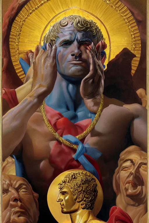 Image similar to emmanuel macron as the god of golden peace by thomas blackshear