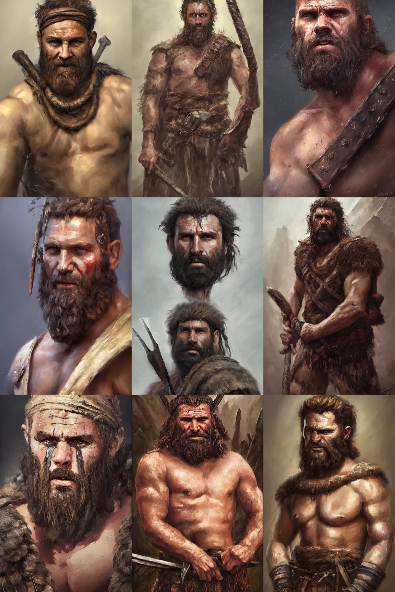 Prompt: a full body fantasy portrait oil painting illustration of a single rugged stoic barbarian man by Justin Sweet with face and body clearly visible, visible pupils, smooth brushwork, d&d, rpg, forgotten realms, artstation trending, high quality, sombre mood, artstation trending, muted colours, no crop, entire character!,